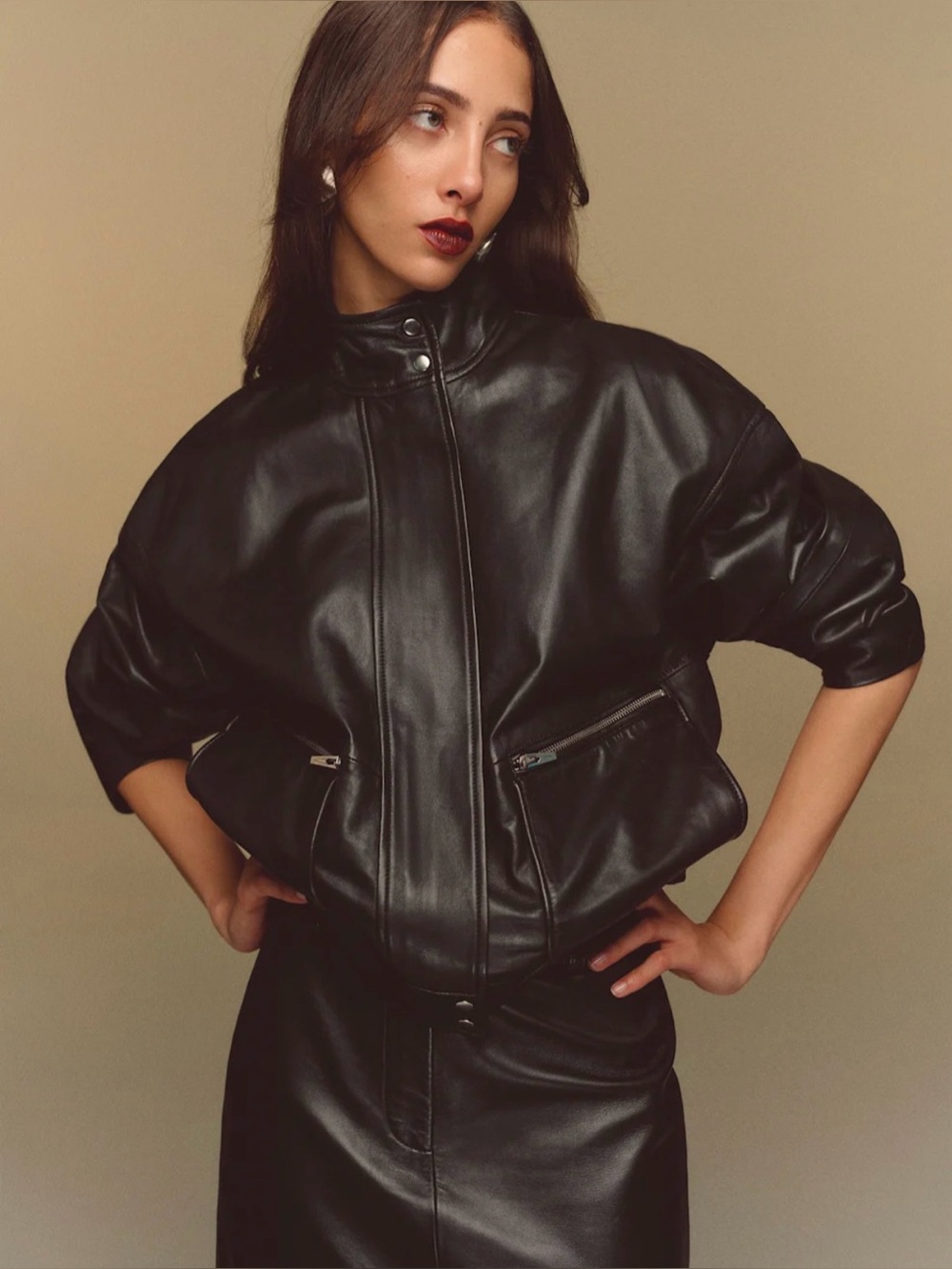 REFORMATION Veda Harrison Leather Bomber Jacket in Black S